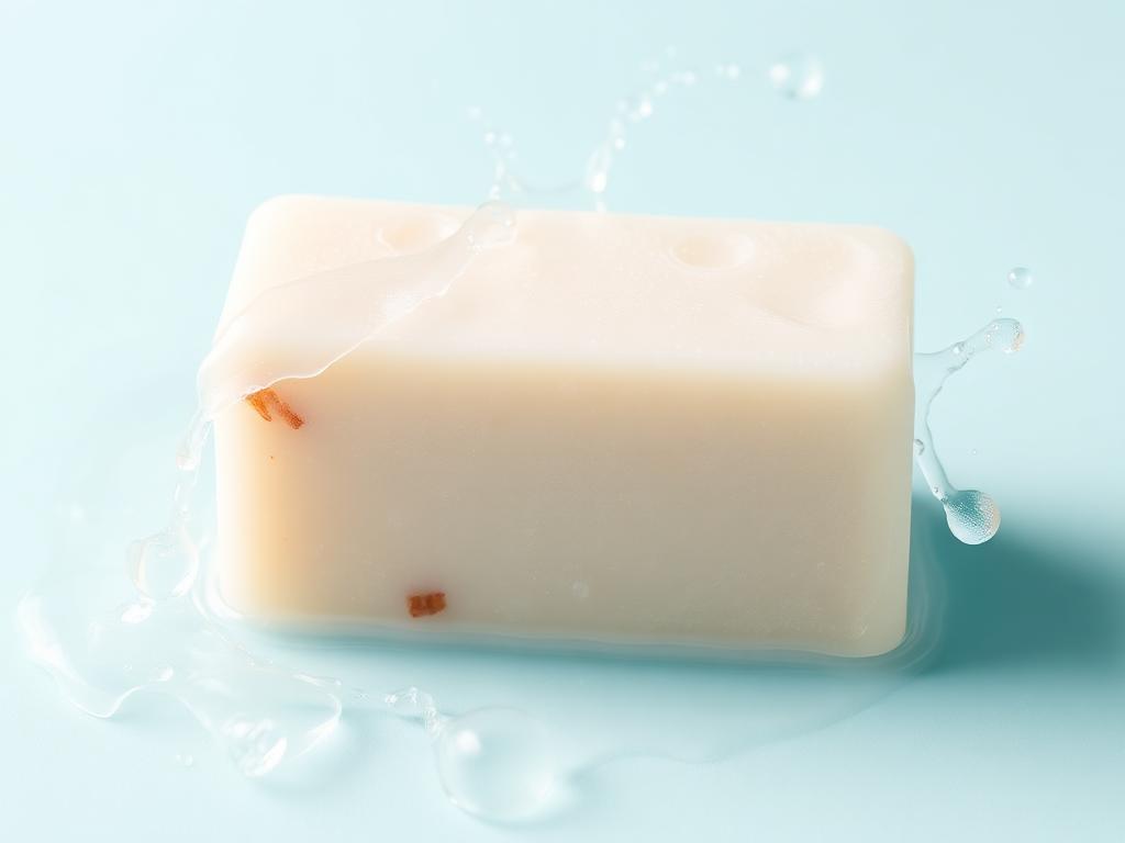 Barra de sabonete natural com espuma suave e gotículas de água em fundo claro