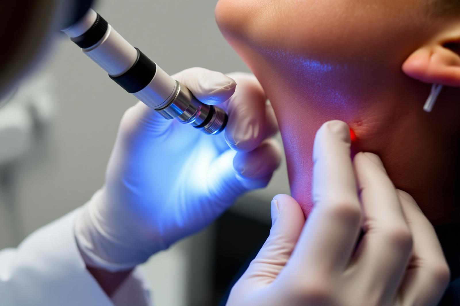 Dermatologista examinando lesão na pele com dermatoscópio