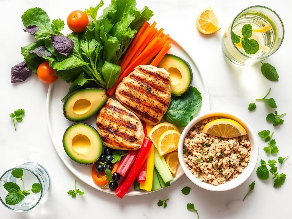 Prato saudável com proteínas magras, vegetais coloridos e grãos integrais sobre mesa clara