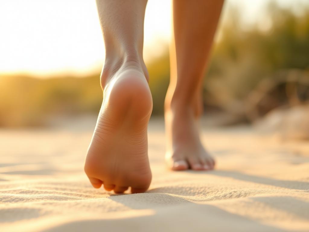 Pés descalços caminhando sobre superfície natural em ambiente acolhedor