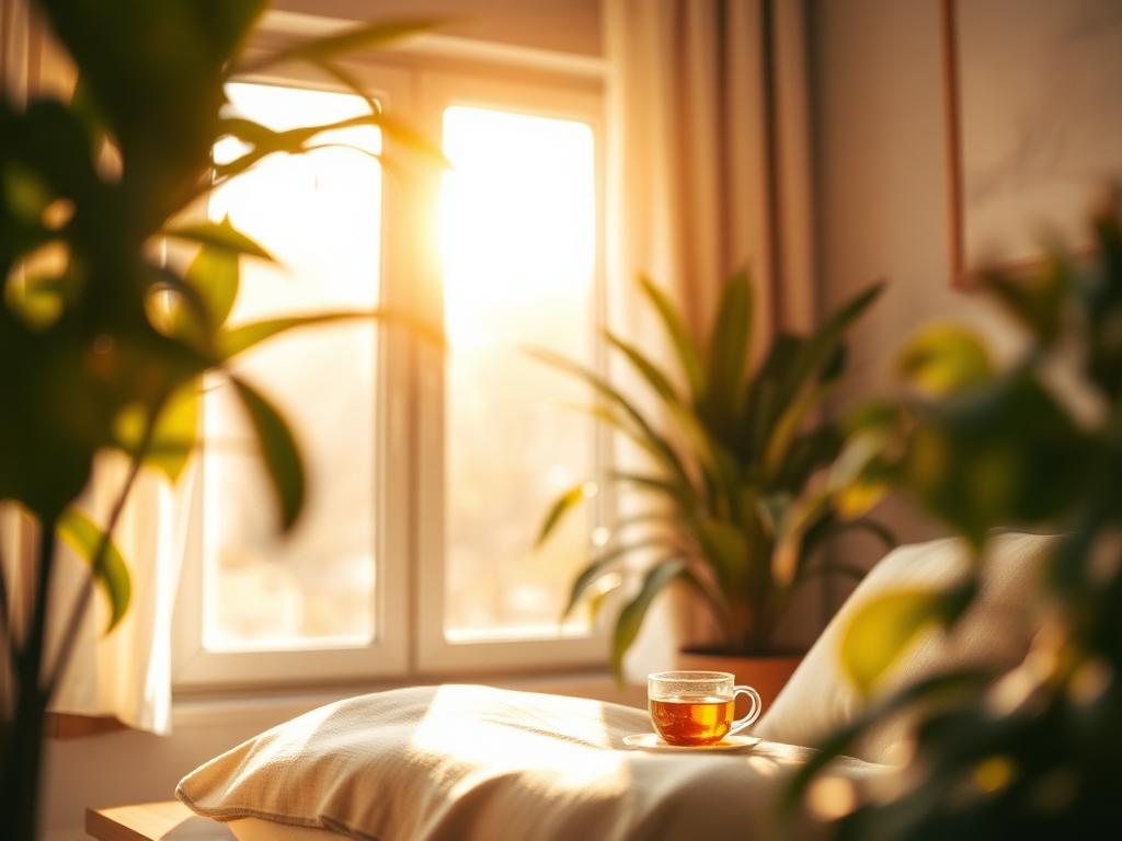 Ambiente acolhedor com luz natural suave, plantas e elementos de relaxamento representando bem-estar
