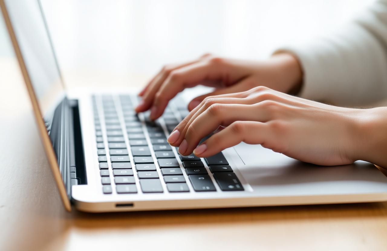 Mãos limpas e cuidadas digitando em um teclado de notebook
