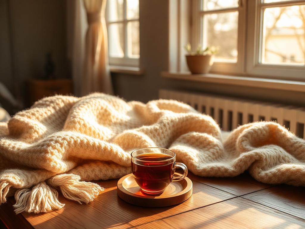 Ambiente acolhedor com xícara de chá e luz suave representando conforto e tranquilidade