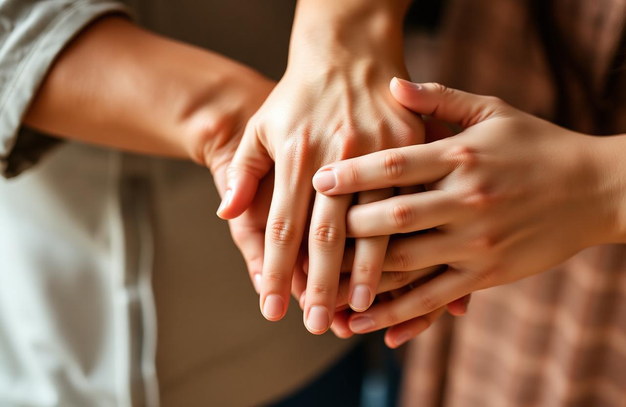 Mãos de familiares unidas em gesto de proteção e cuidado