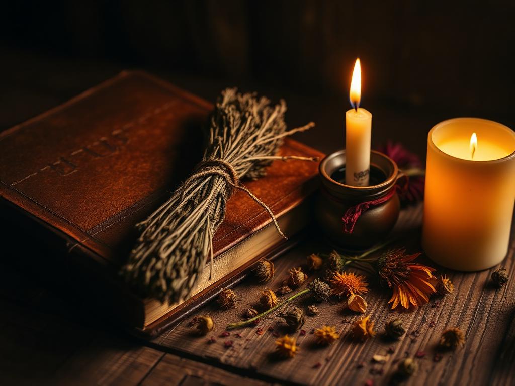 Objetos antigos e misteriosos em iluminação quente sugerindo crenças populares e remédios caseiros