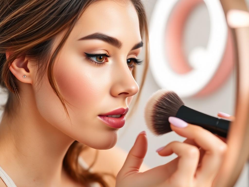Mulher aplicando maquiagem com pincel suave em ambiente iluminado e elegante